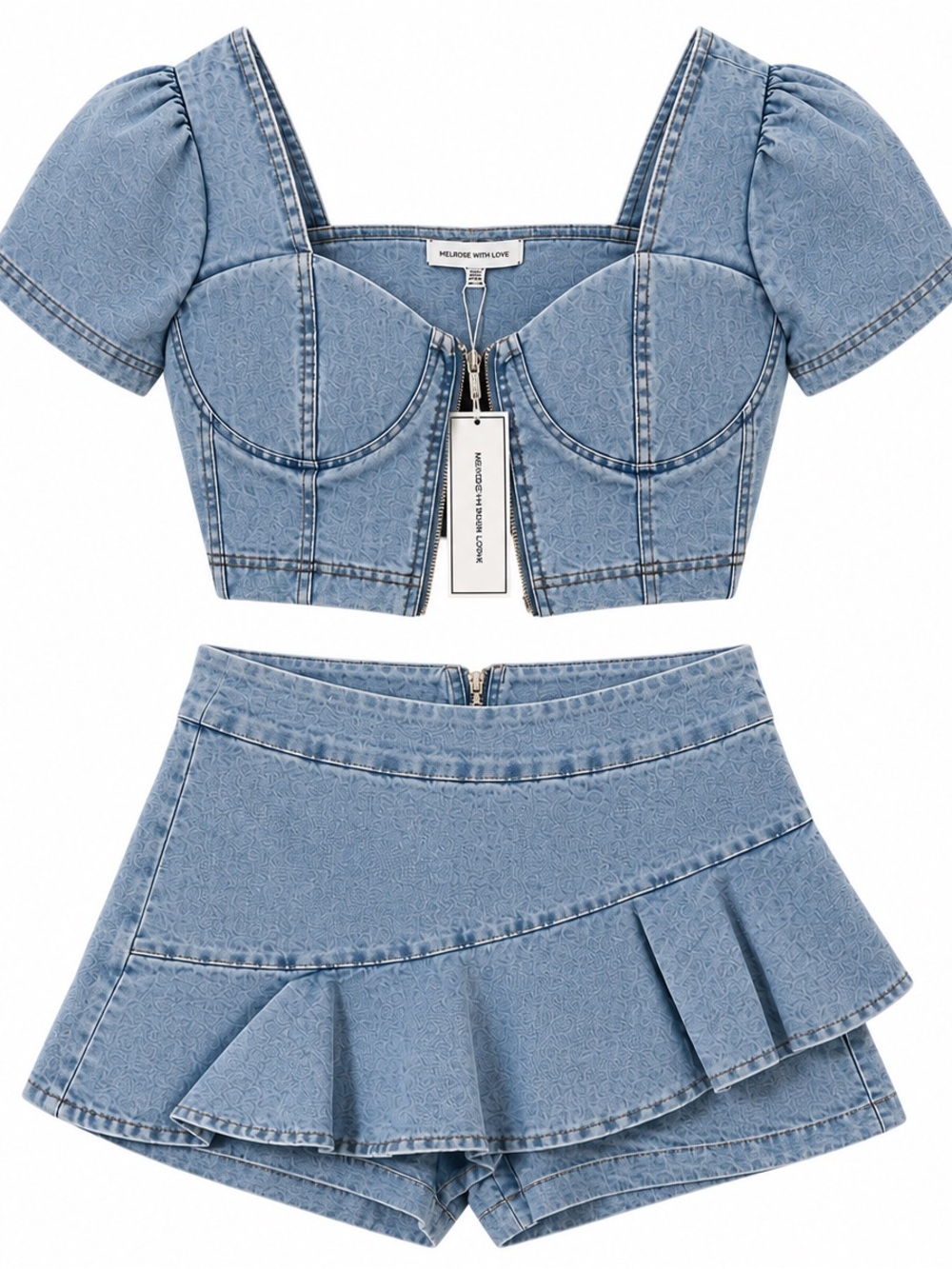 Melrose With Love Denim 2-Pc Corset Top & Ruffle Skort Set XS/S